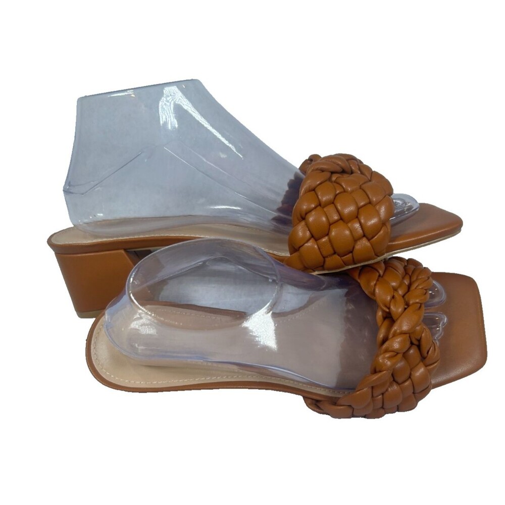 PiePieBuy Braided Block Heel Slide Sandals Brown Square Toe Womens 8.5 New
